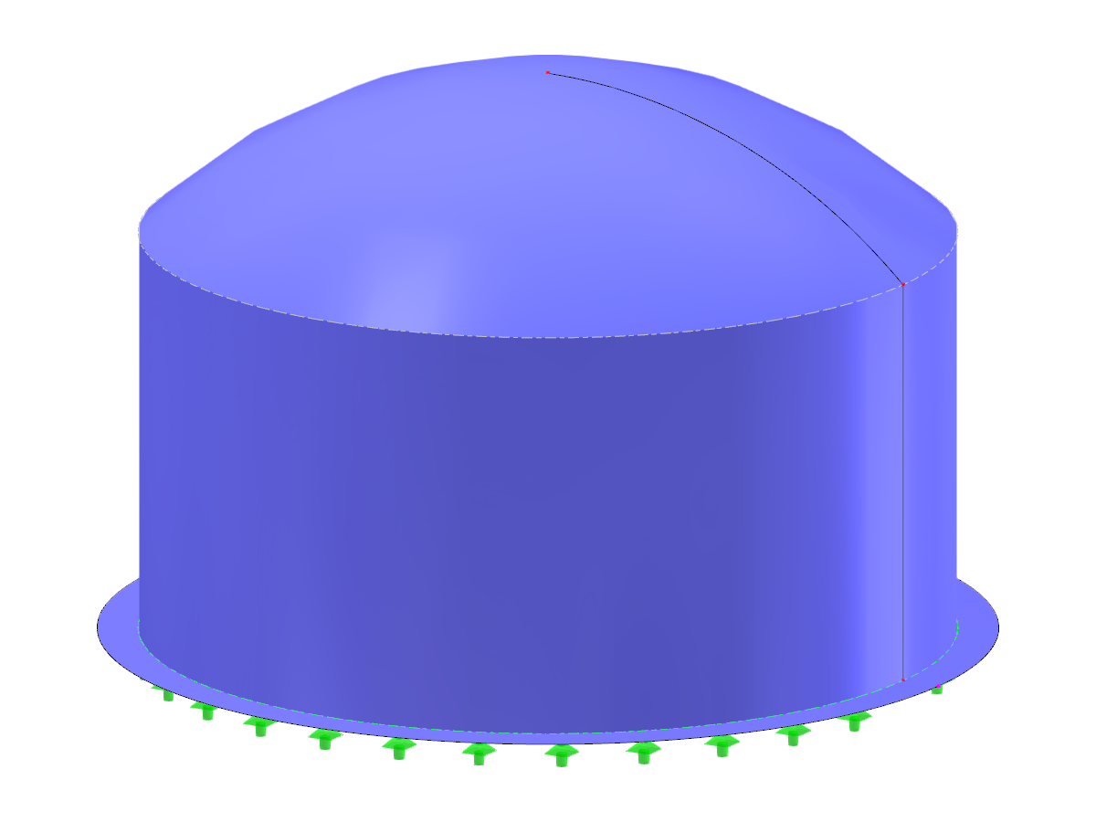 View of a steel silo with a circular plan and a spherical cap roof, indicating typical industrial storage structure characteristics.