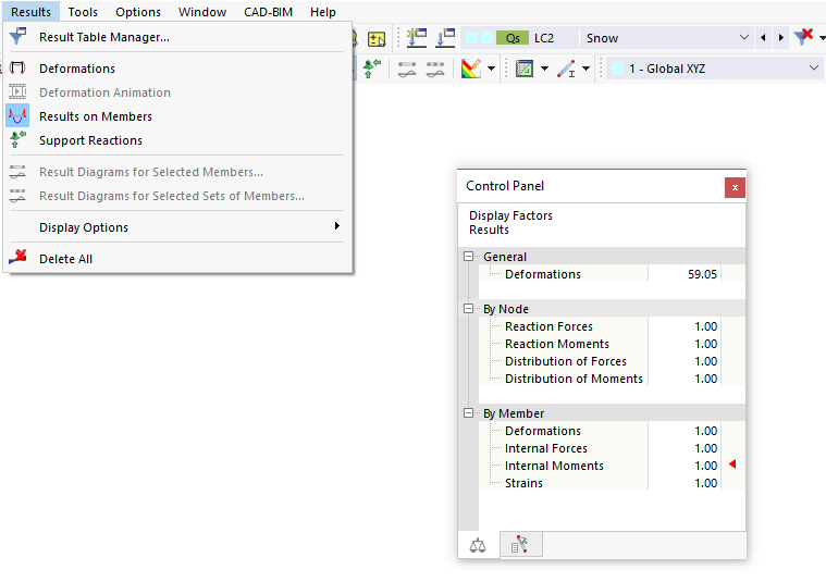 Menu "Results" and Control Panel