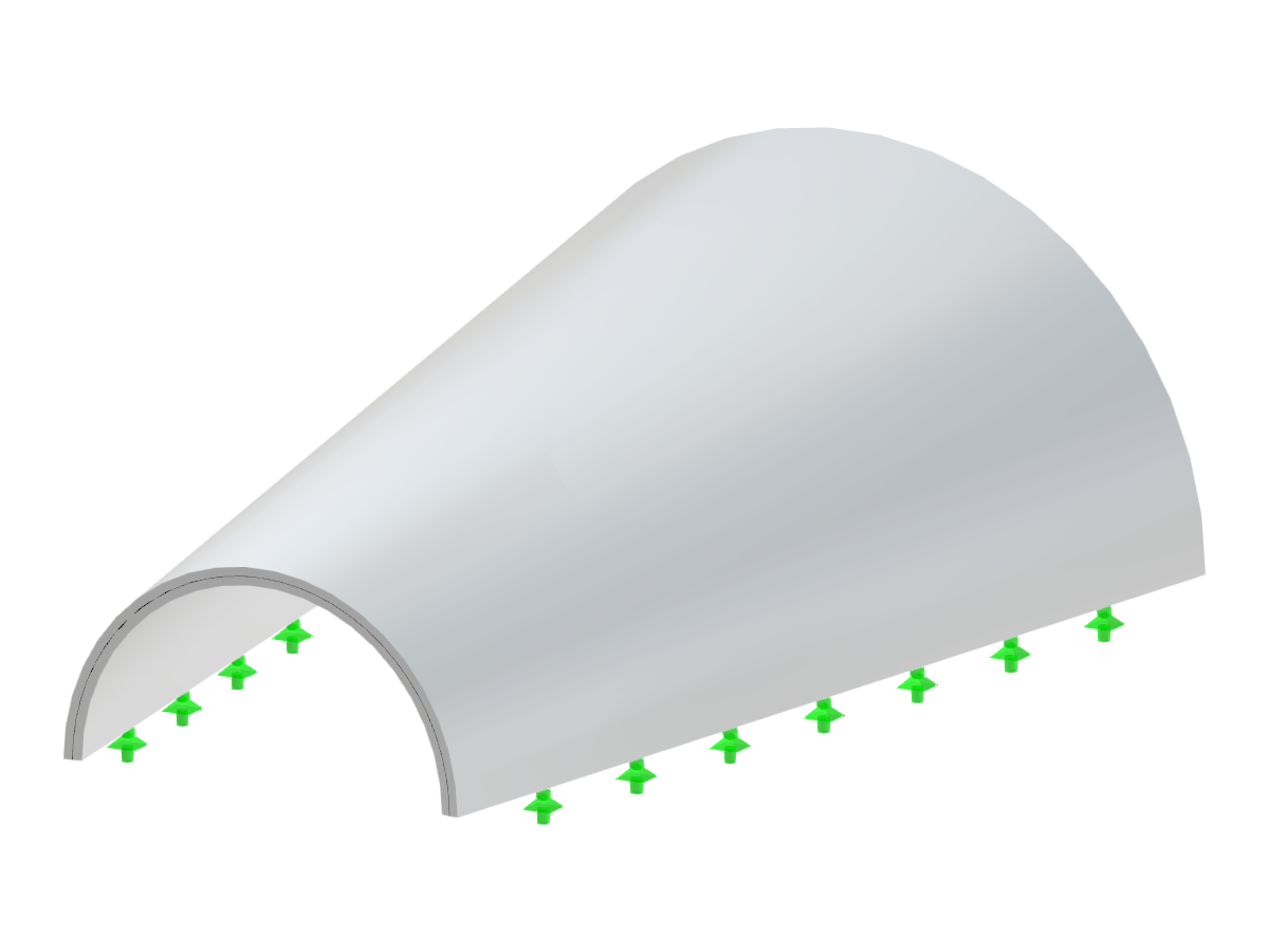 Barrel vault structure showing a half-cylindrical shape with varying radii at the ends, utilizing height and radius for its design.