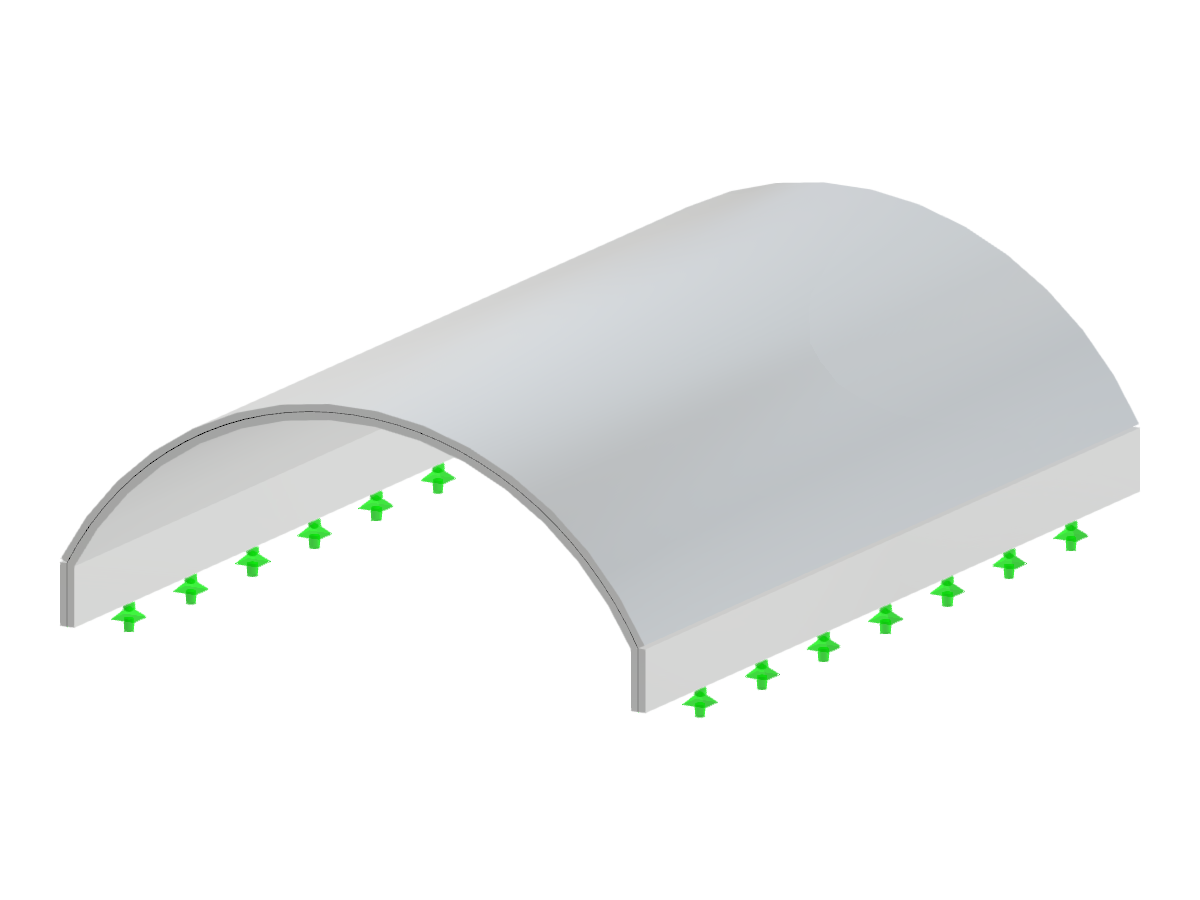 Barrel vault with a semi-cylindrical shape featuring vertical stiffeners, highlighted by its geometry defined by height and radius.