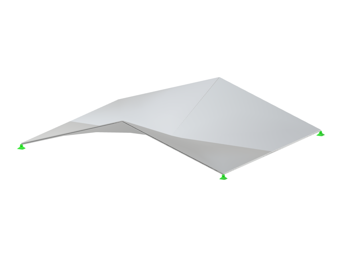 Anticlastic shells with four "hypar" surfaces spanning a rectangular plan, featuring two boundaries and folds on one level.