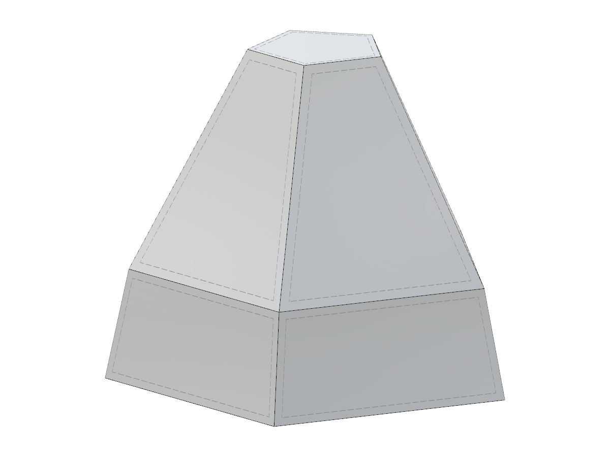 3D model of a truncated pyramid with a tapered bottom using JavaScript, adjustable via edge length, circumscribed or inscribed circle radius.