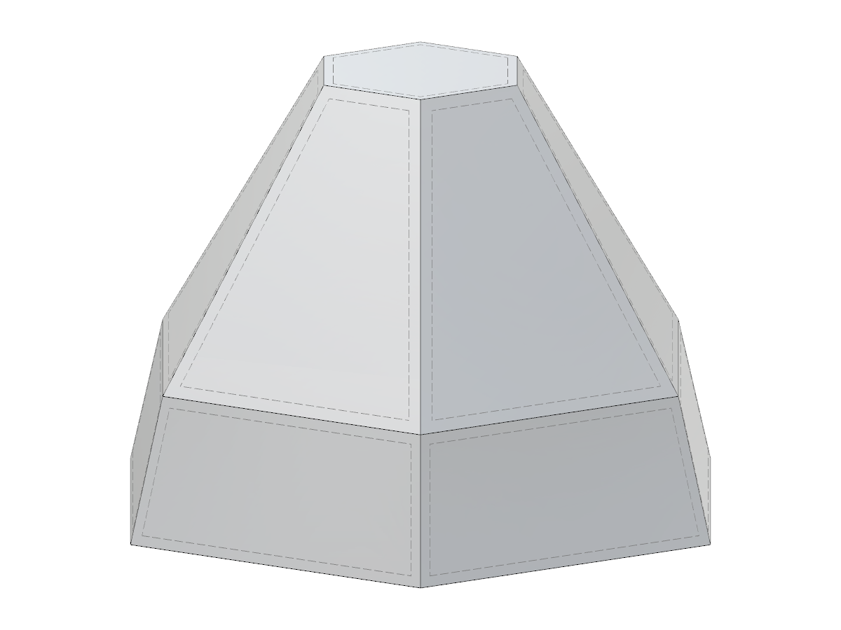 3D truncated pyramid model with a tapered base, featuring parametric input options including edge length and circle radii.