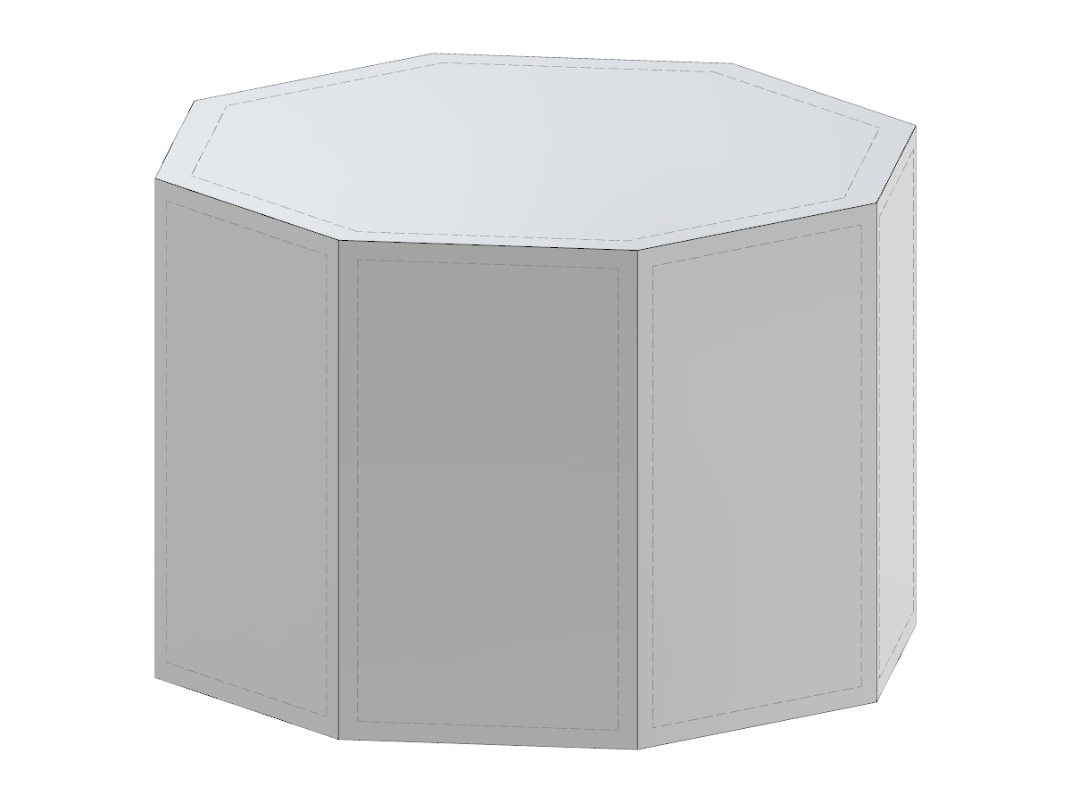 Illustration of an octagonal prism showing parametric input options using JavaScript, allowing for length of edge, circumscribed circle radius, or inscribed circle radius adjustments.