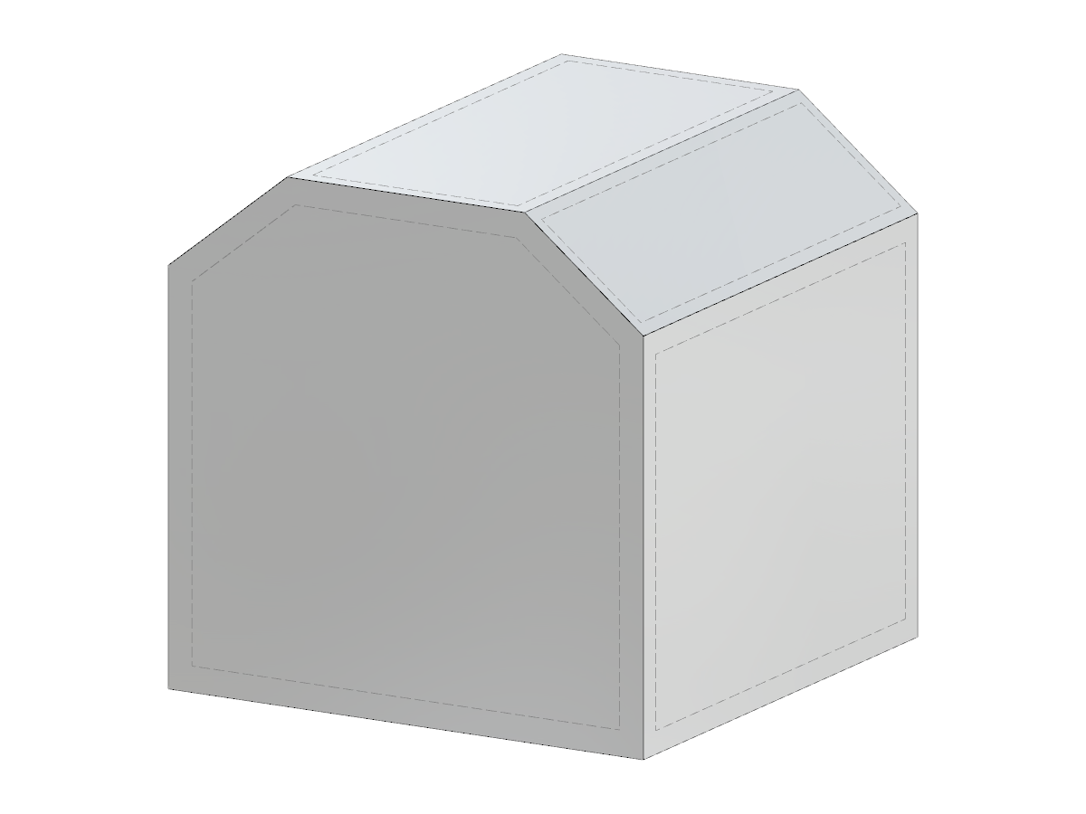3D model of a hexagonal prism with an irregular shape featuring gambrel roof design.