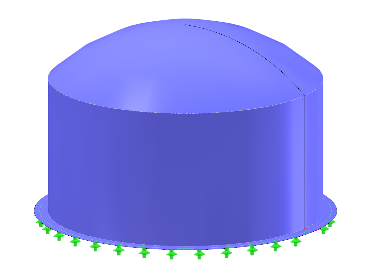 Steel silo with a circular plan and a spherical cap roof, showcasing structural design and engineering details.