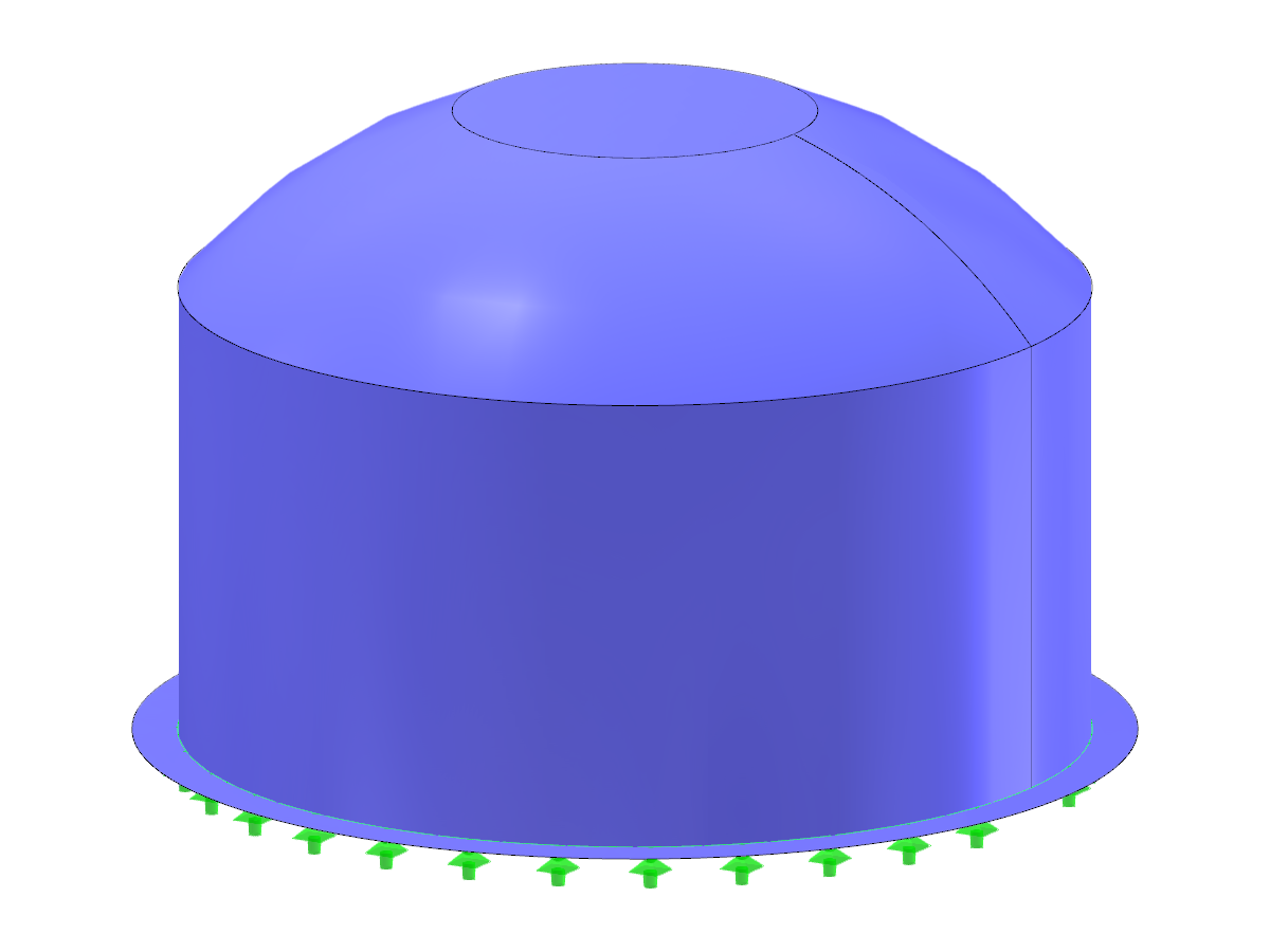 Steel silo with a circular base and a spherical zone roof, designed for efficient storage and structural stability.