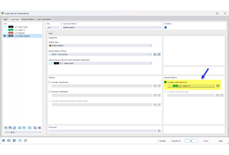 Considering Initial State for Modal Analysis Load Case