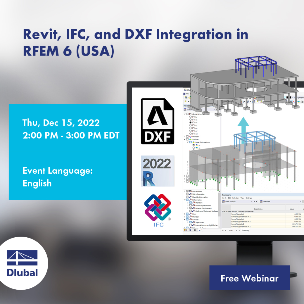 RFEM 6 demonstration of Revit, IFC, and DXF model integration in structural analysis.