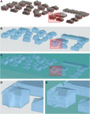 Community-Level Geometry Generation for Buildings: (A) BIM Model of Community; (B) Low-Resolution Geometry; (C) High-Resolution Geometry; (D–E) Close-up Views on Buildings Showing Size of Mesh Used to Generate Geometry
