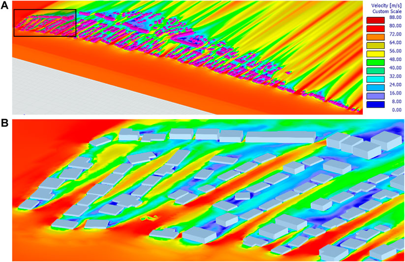 Modeled Wind Flow for Study Area: (A) Spatial Distribution of Wind Speed Across Community; (B) Close-up View on Wind Speed Contours