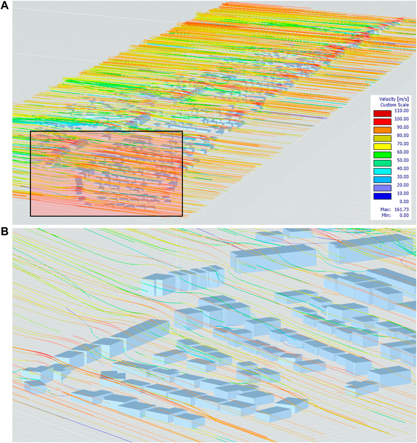 Wind Flow Analysis Results: (A) Wind Flow Lines Across Community Color-Coded Based on Variation of Their Wind Speed; (B) Close-up View on Variation in Wind Flow and Wind Speed