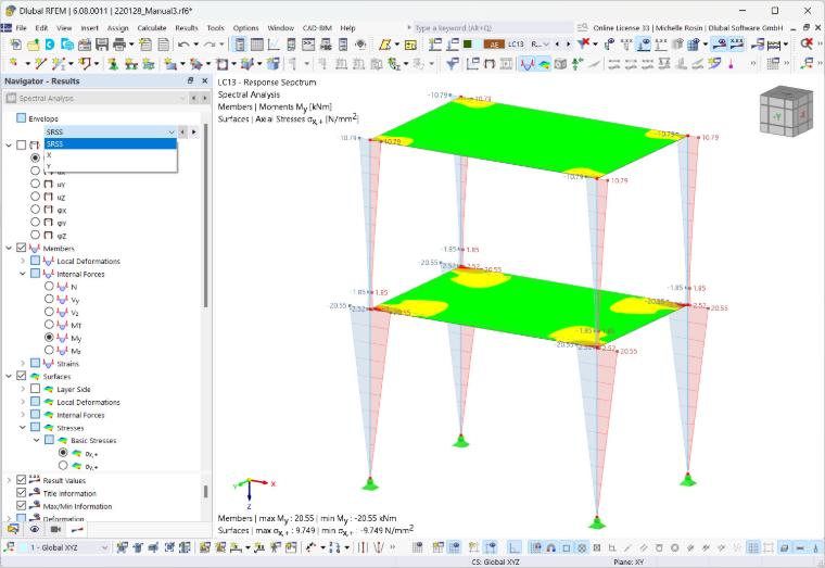 Selecting Envelope or Direction and Displaying Results of Members, Surfaces, and Solids