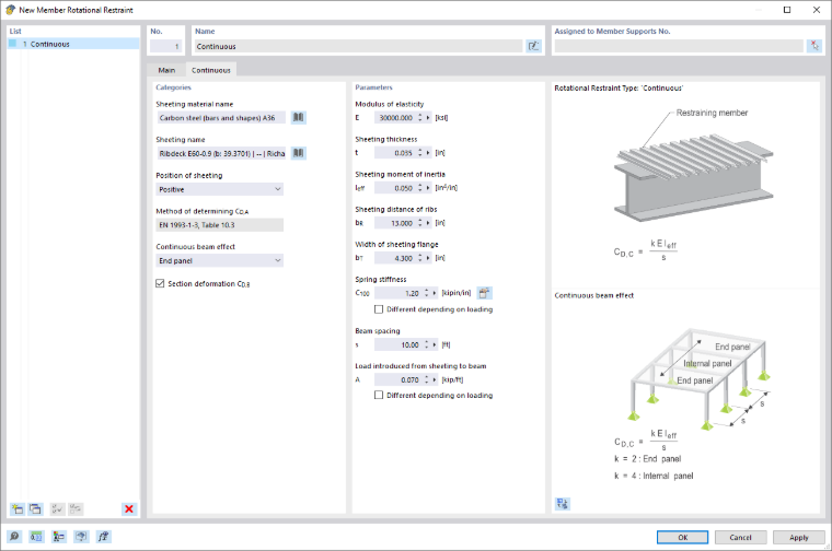 Dialog Box "Member Rotational Restraint", Tab "Continuous"