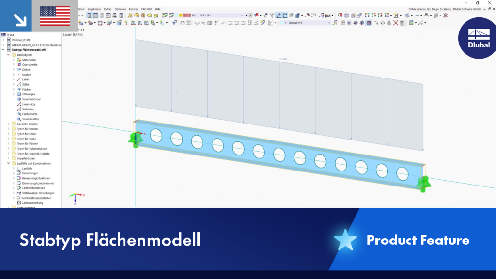 Surface model as member type in structural analysis, visualized in 3D view.