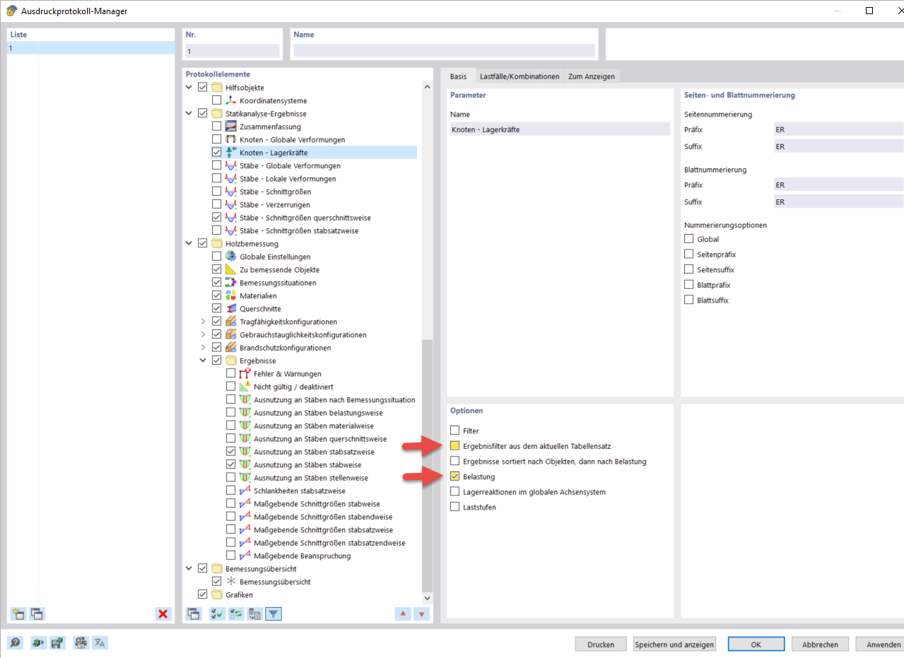 Options in Printout Report Manager