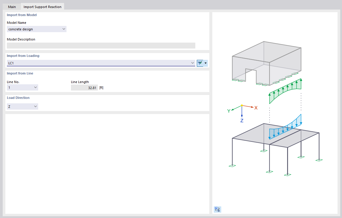 Defining Model, Load, and Line to Import Support Reaction