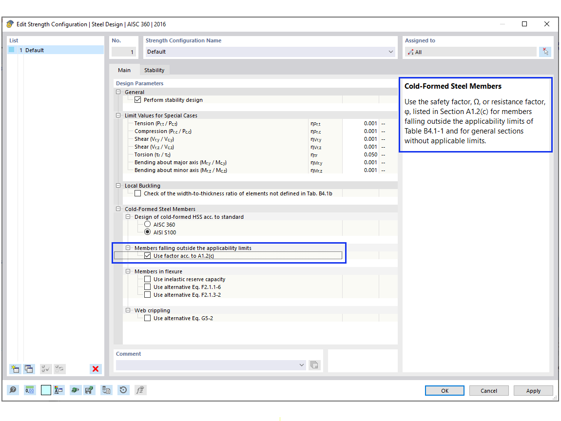 FAQ 005378 | Does RFEM check the applicability limits of AISI Table B4.1-1?