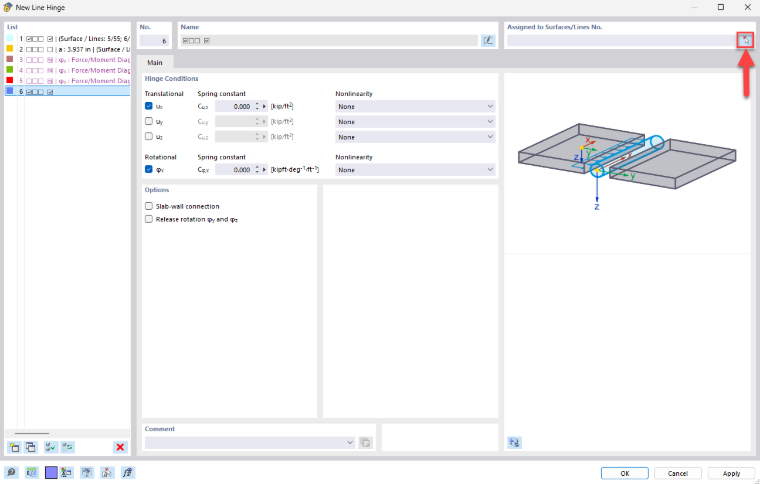 The user interface provides a dialog box for configuring a line hinge with editing options and parameter settings.