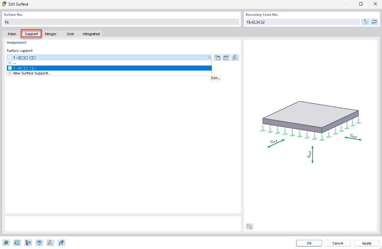 Selection menu for surface support in structural engineering software for modeling structural support points.