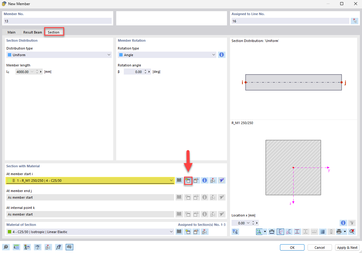 Display of cross-section settings for result members in construction.