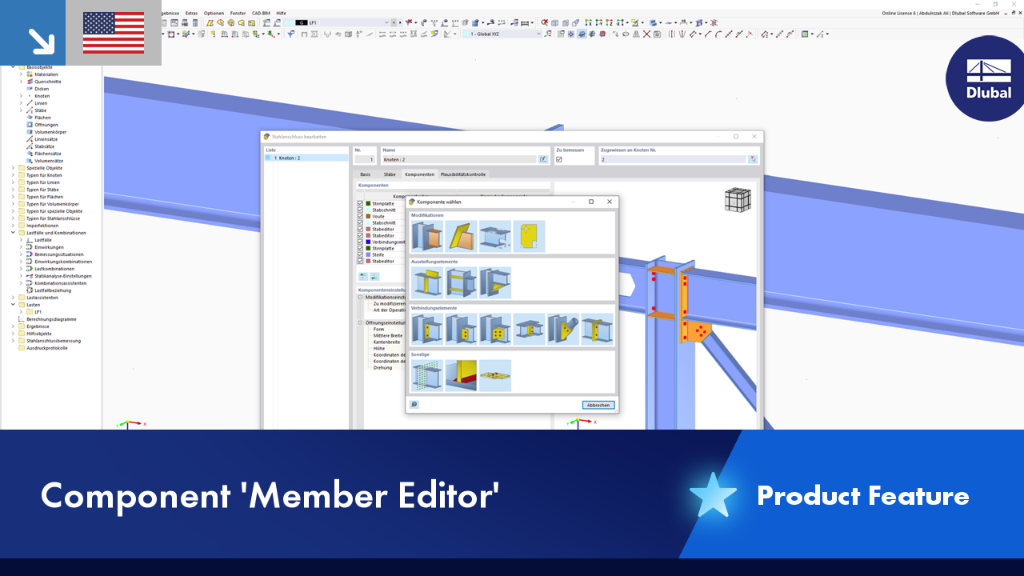 Member editor shows the settings for linear and nonlinear analysis of a beam.