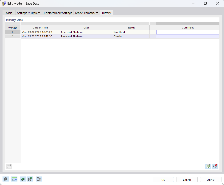 Dialog Box "Edit Model – Base Data", Tab "History"