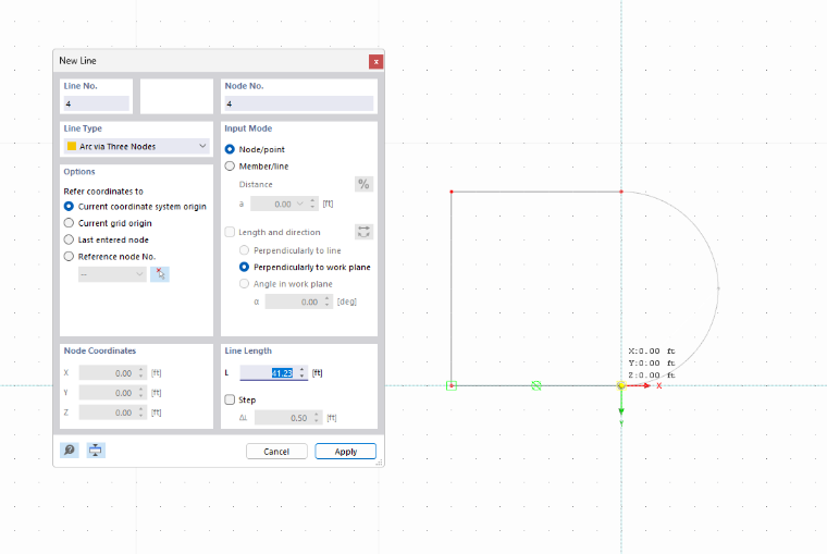 Illustration of the construction of an arch line within a construction project with specific parameters for determining its shape.