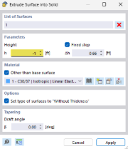 Dialog for extruding surfaces into a volume body with various options and settings.