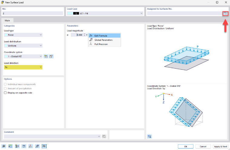 Dialog box for creating a new surface load for a construction project with detailed input boxes.