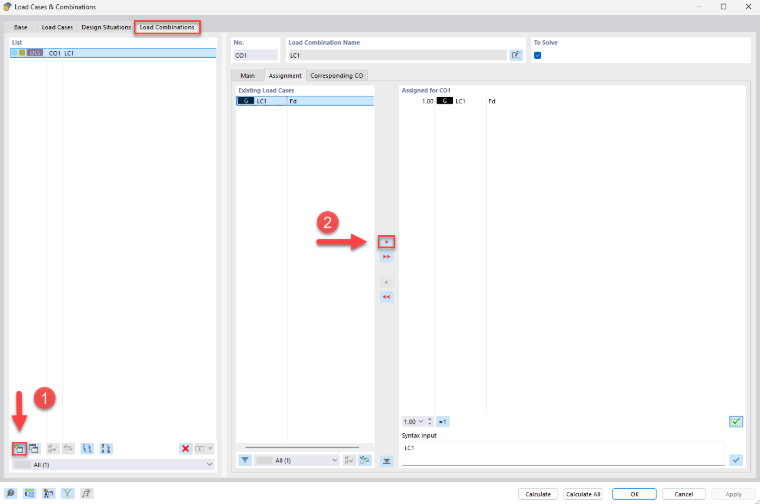 Visualization of setting a load combination for structural projects in a software environment.