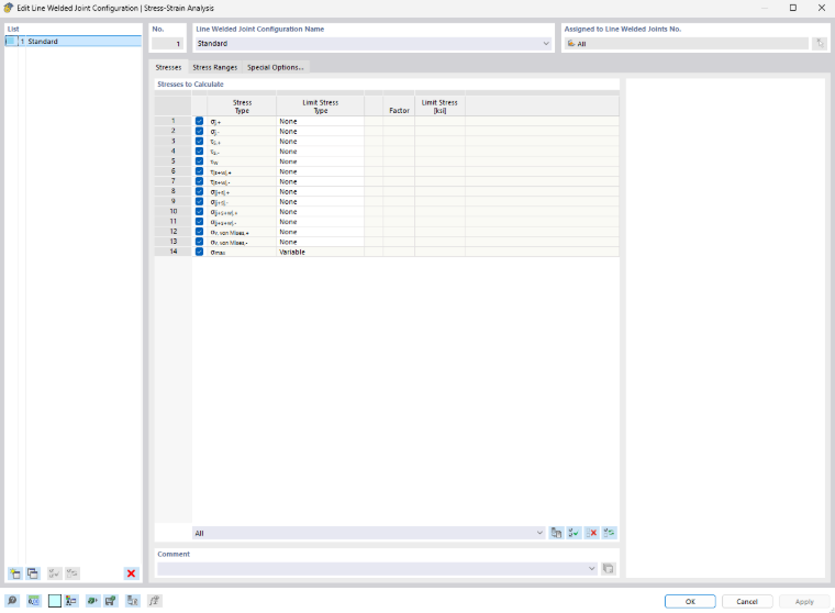 Configuration settings for line welds in engineering software.