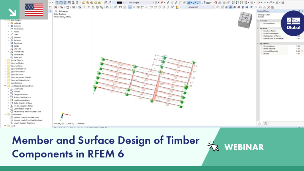 Webinar illustrating the design process for timber members and surfaces in RFEM 6 software.