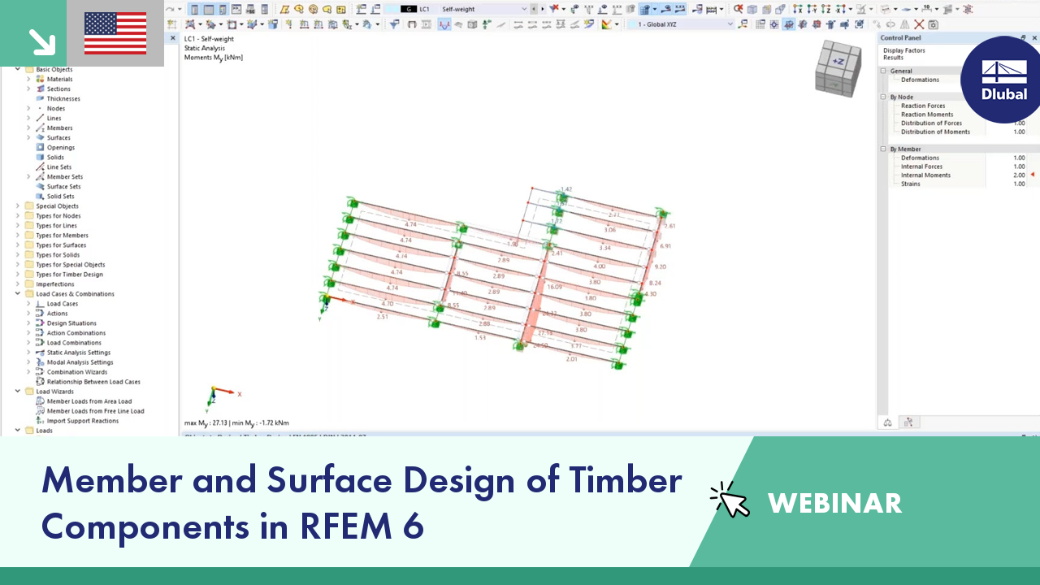 Webinar illustrating the design process for timber members and surfaces in RFEM 6 software.