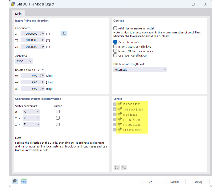 Layer Designations with Cross-Section and Material Names