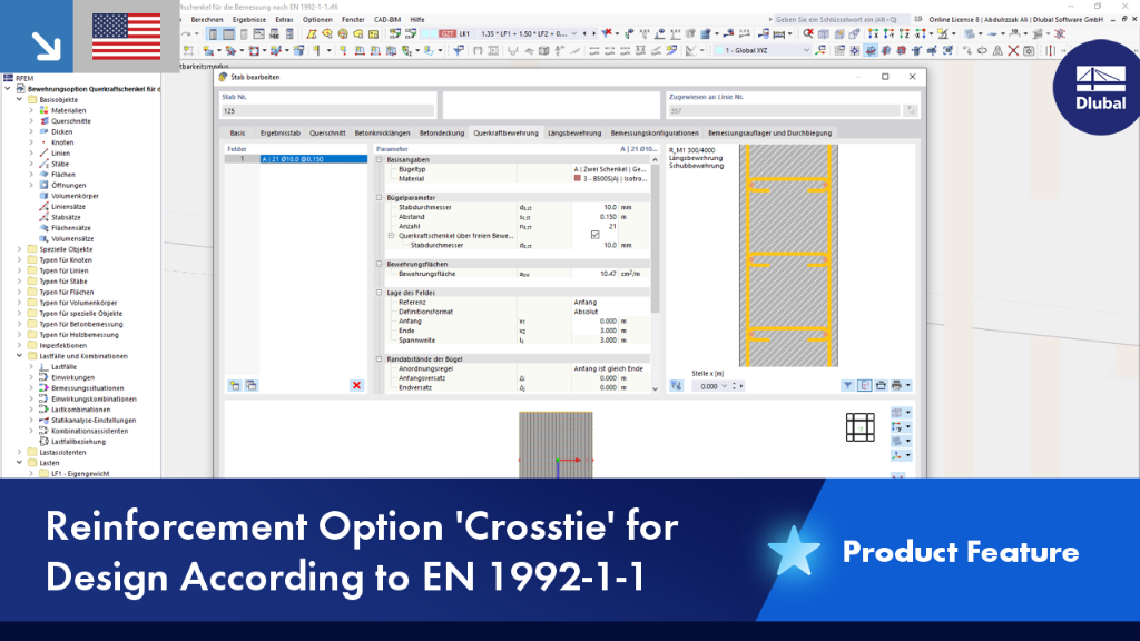 Option for crossties in the Dlubal design tool according to EN 1992-1-1. Visualization of reinforcement design with specific legs.