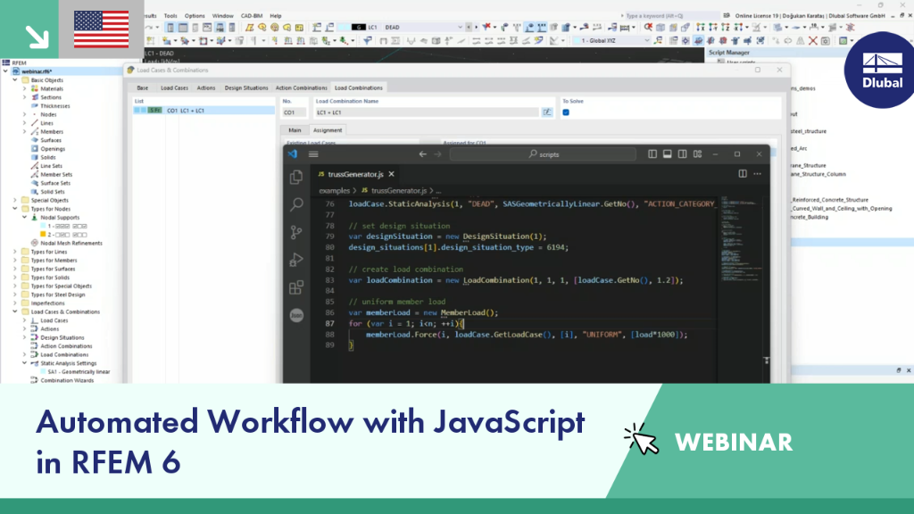 Illustration showing the implementation of an automated process using JavaScript in RFEM 6. A demonstration of advanced modeling techniques in a webinar setting.