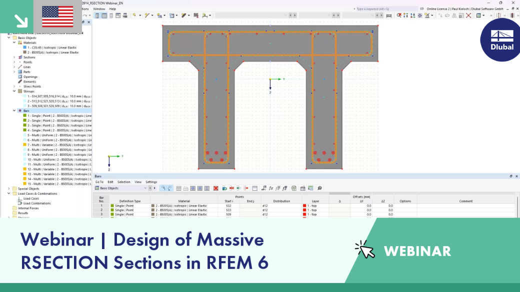A webinar discussing the design of massive RSECTION sections using RFEM 6 software is presented.