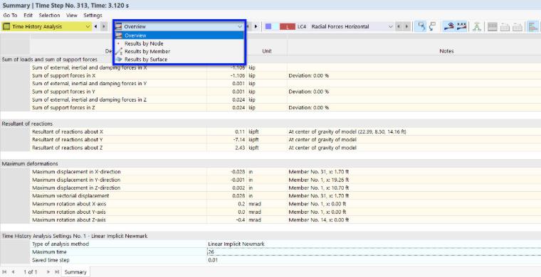 Selecting Subcategory for Time History Analysis Results