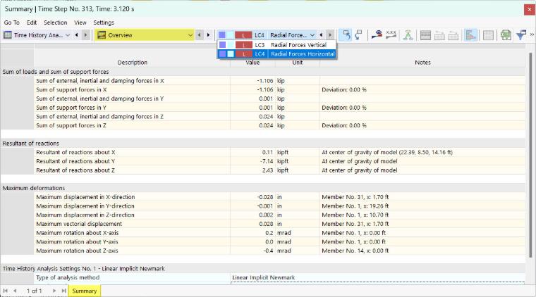 Results Category "Overview" for Time History Analysis in Table