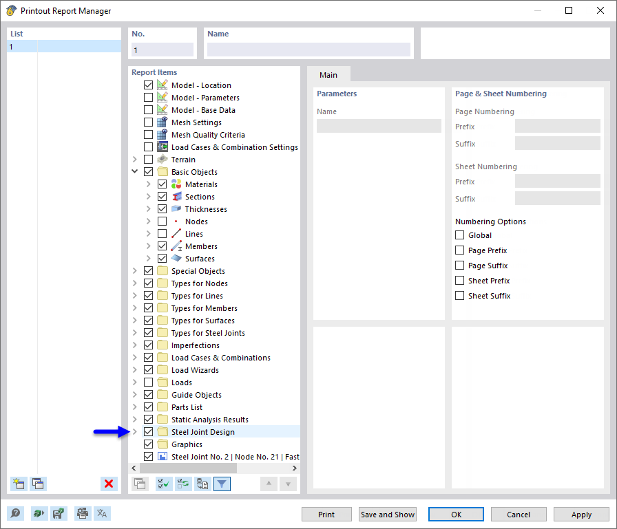Activating "Steel Joint Design" Data in Printout Report Manager