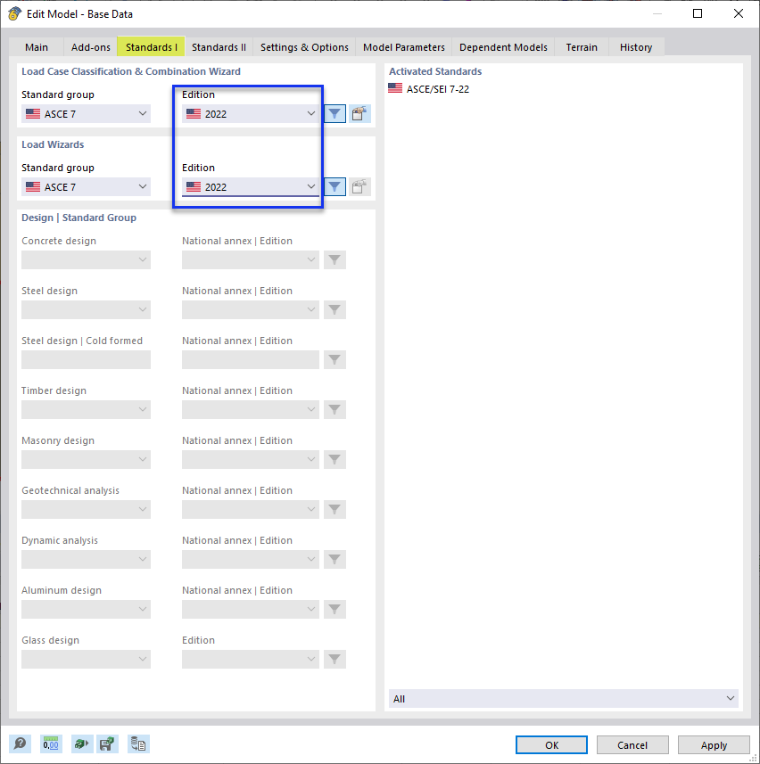 Selecting Standards for Load Combinations and Wizard