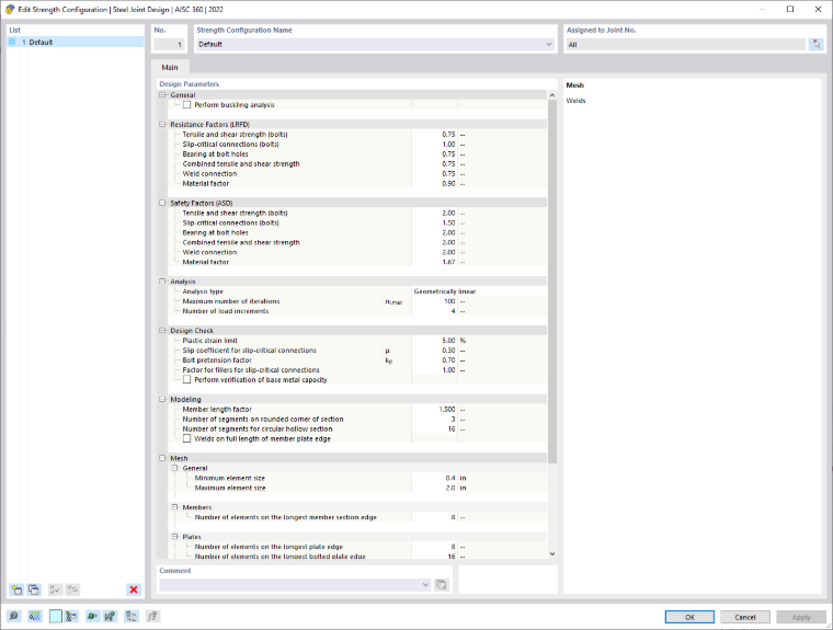 Settings of Strength Configuration for Steel Joint Design
