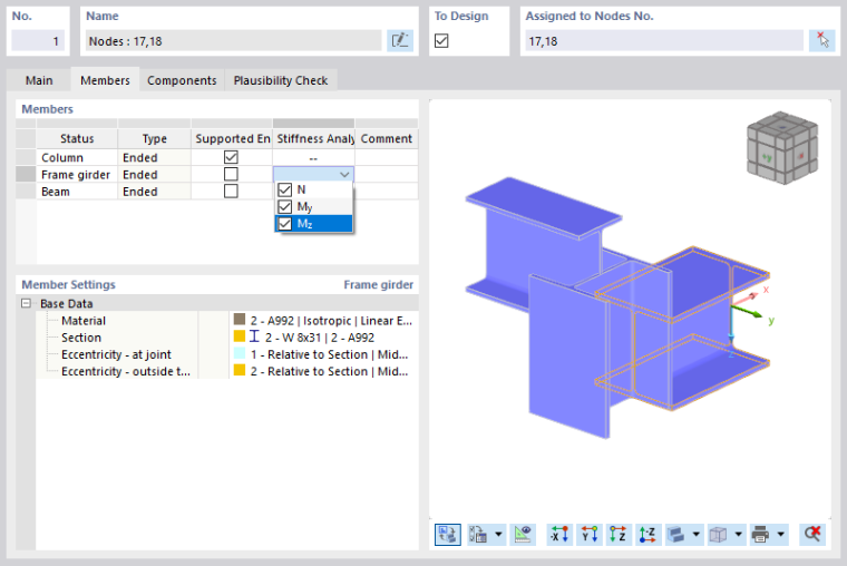 Selecting Internal Forces for Stiffness Analysis