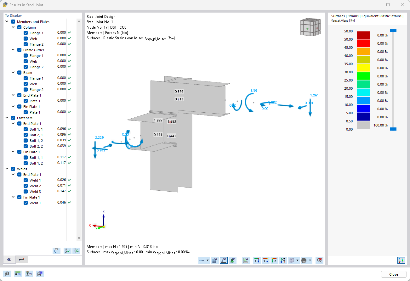 Results in Steel Joint with Control Settings in Navigator "To Display"