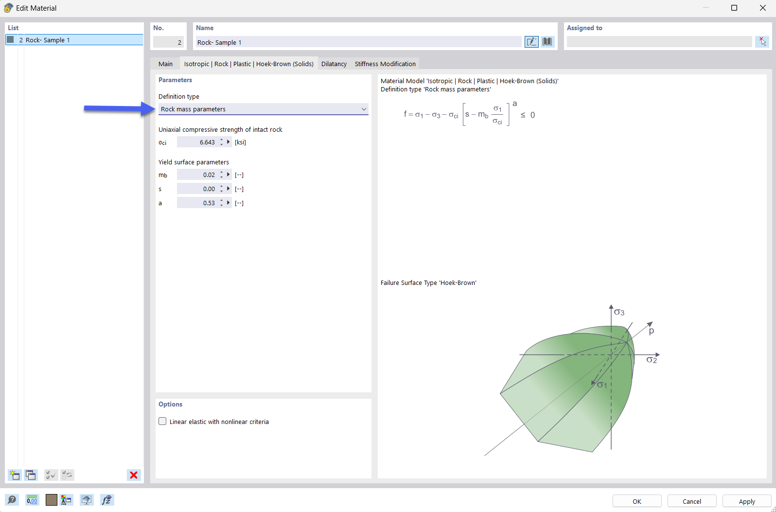 Input Dialog Box – Hoek-Brown Model – Empirical Values