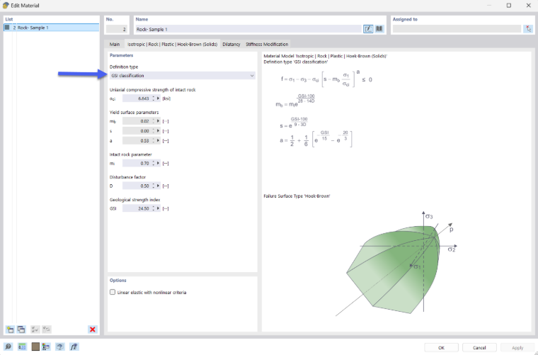 Input Dialog Box – Hoek-Brown model – GSI Values