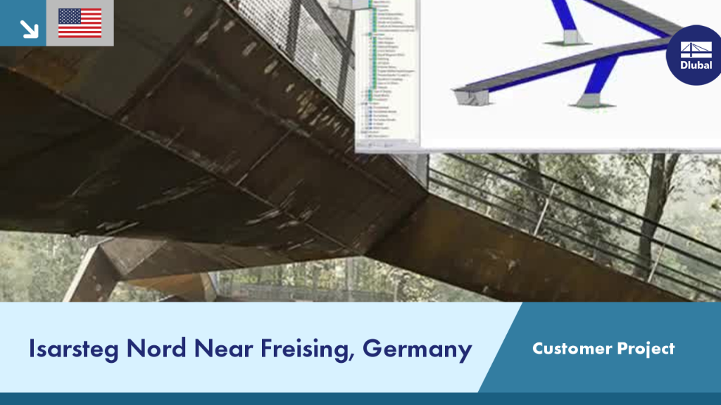 Lateral view of the modern pedestrian bridge over the Isar River near Freising, demonstrating innovative structural design.