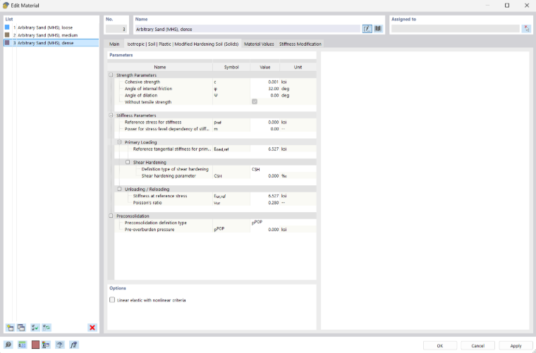 Input Dialog Box – Modified Hardening Soil Model
