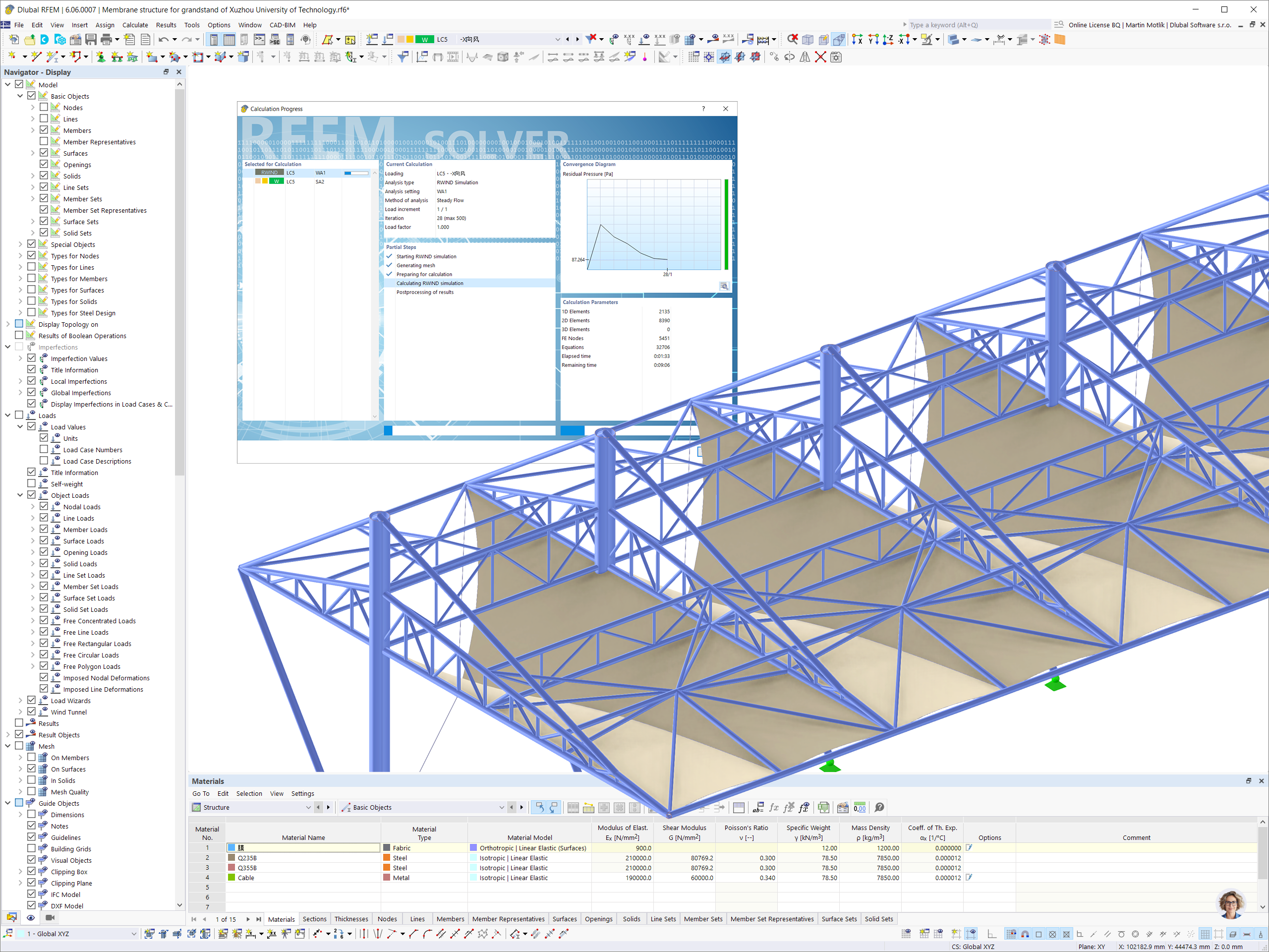 RFEM Model of Steel Membrane Roofing of Grandstand at Xuzhou University of Technology, China